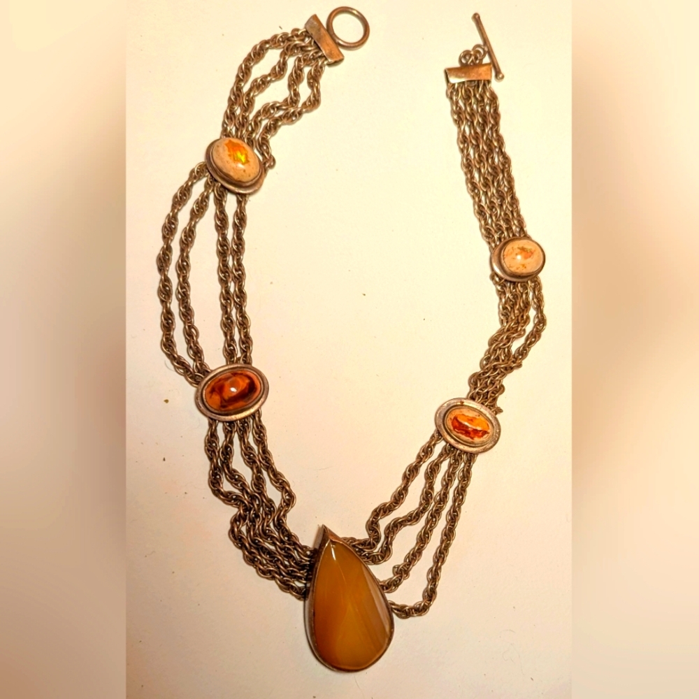 Wendy Gell Necklace Fire Agate 5 Stations.4 Chains Of Silver.